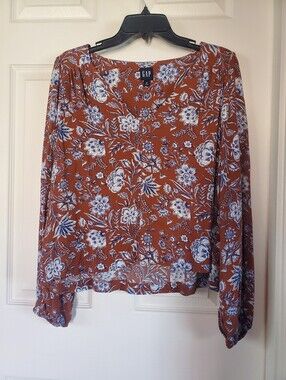 GAP Rust Floral V-Neck Blouse Flowy Pullover Preppy Bohemian Size Medium